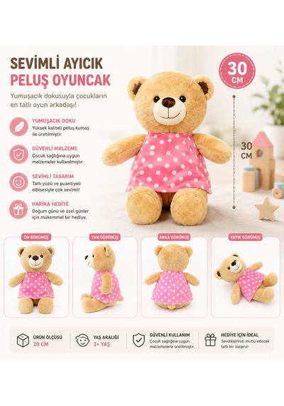 30 Cm Pembe Elbiseli Sevimli Peluş Ayıcık 046 - Pembe
