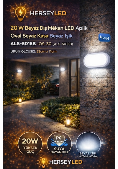 20 W Siyah Dış Mekan Led Aplik Oval Beyaz Kasa Beyaz Işık Als-5016b Ip44 Beyaz