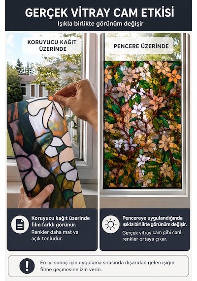 Deconitte Statik Cam Filmi Vitray Gürünümlü 60x100cm Çıkarılabilir Dekoratif Desenli Buzlu Cam Kaplama Pencere Folyosu