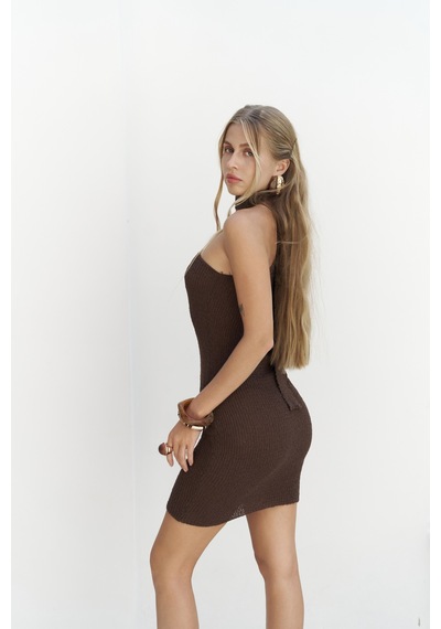 Mai Collection Mai Studios Co. Budah Asimetrik Triko Kahve Mini Elbise Kahve