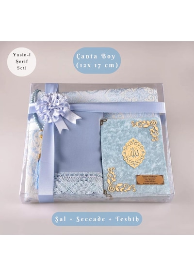 Şal + Seccade + Tesbih + Yasin Hediye Seti Çanta Boy, Şems Lafzatullah, Raşel Cilt, Bebe Mavi