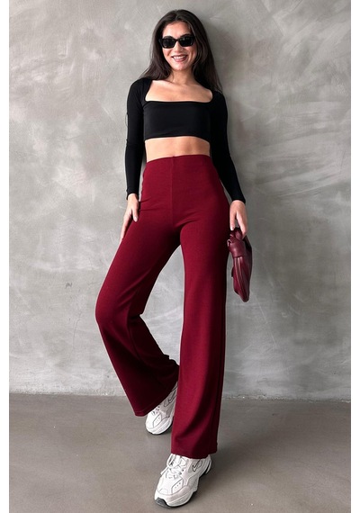 Bordo Yüksek Bel Düz Model Kadın İspanyol Paça Tayt Pantolon Mg2288 Bordo