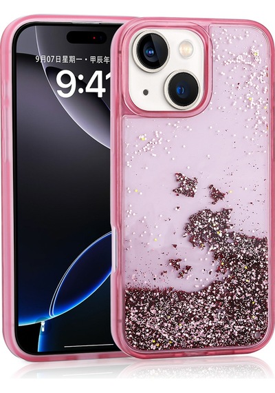 Apple     Uyumlu iPhone 15 Kılıf Sıvılı Simli Şeffaf Arka Yüzey Zore Keto Silikon Kapak Pembe