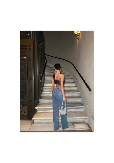 Meecy Kadın Jean Yüksek Bel Palazzo Likralı Esnek Kot Pantolon Full Taş Mavi Full Taş Mavi