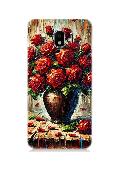 Samsung Galaxy J2 Pro Uyumlu Kırmızı Vazoda Gül Ziyafeti Desenli Silikon Kılıf Çok Renkli