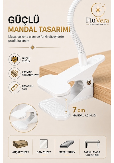 Usb Led Halka Masa Lambası 3 Renk Işık 360 Esnek Gövde Mandallı Klipsli Çalışma Okuma Makyaj Lambası Beyaz