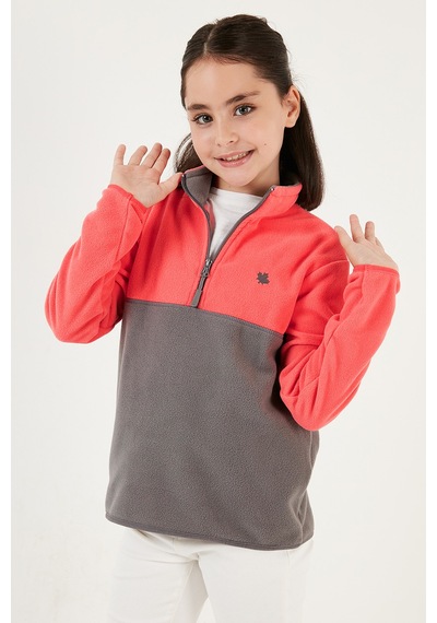 Lela Yumuşak Dokulu Yarım Fermuarlı Renk Bloklu Dik Yaka Unisex Çocuk Polar 5905004 Somon-Gri