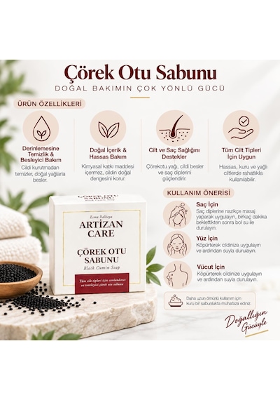 Artizan Care Çörek Otu Sabunu Doğal Katı Sabun - Kimyasal İçermez - Cilt Ve Saç Sağlığını Katkı Sağlar Diğer