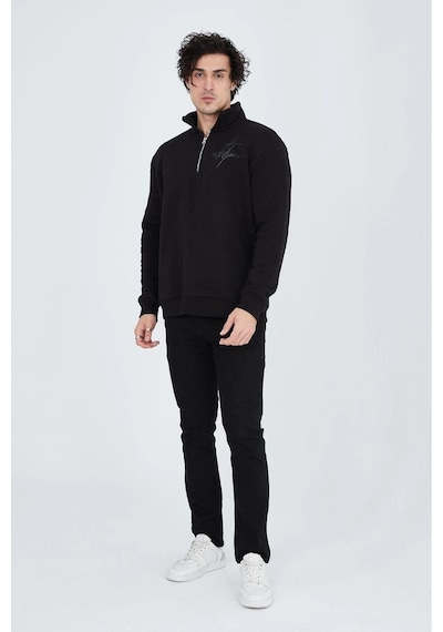 Erkek Yarım Fermuarlı Baskılı 3 İplik Pamuklu Sweatshirt - Siyah