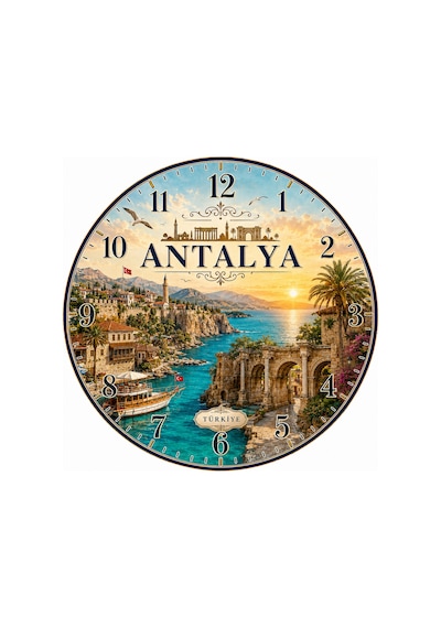 AA Shop Antalya Türkiye Şehir Manzaraları Desenli Dekoratif Baskılı Ahşap Duvar Saati 45 Cm Sessiz Akar Mekanizma 894 Çoklu Renkli