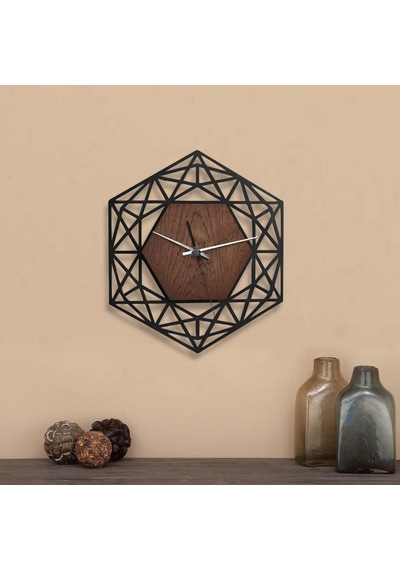 Ahşap Geometrik Desenli Altıgen Model Duvar Saati