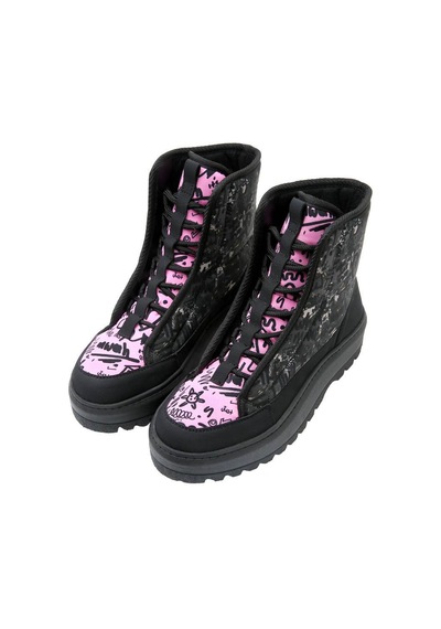 Kadın Vegan Siyah Uzun Bot - Doodle Camo Tasarım Multicolor