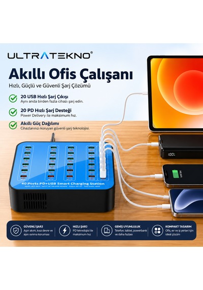 Ultratekno 40 Port Şarj İstasyonu 400w 20 Usb 20 Type-c Pd Multi Port Akıllı Hızlı Şarj Cihazı