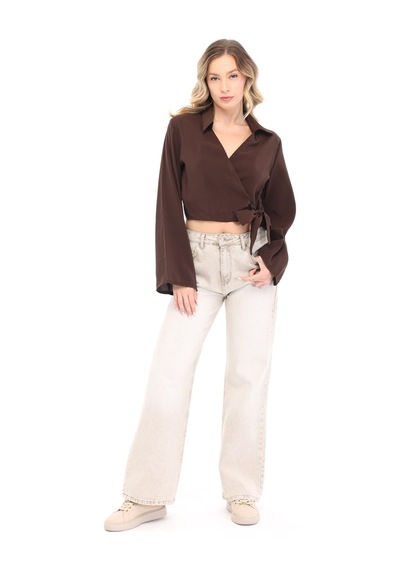 Blayn Jeans Blayn Kadın Beyaz Kruvaze Yaka Belden Bağlamalı Uzun Kollu Şık Bluz Kahverengi