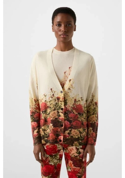 Bogner Heidi Yün Karışımlı Floral Tasarım Lüks Kadın Hırka Bej-kırmızı