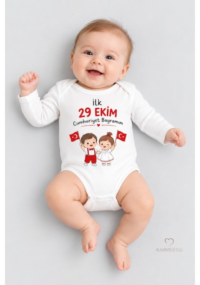Babyden's İlk 29 Ekim Cumhuriyet Bayramım Baskılı Bebek Çıtçıtlı Body Uzun Kollu %100 Pamuk Unisex Zıbın Badi Beyaz