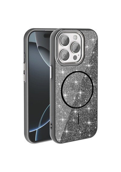 Zore İphone 15 Pro Kılıf Magsafe Şarj Özellikli Parlayan Simli Ogaa Okso Kapak - Siyah