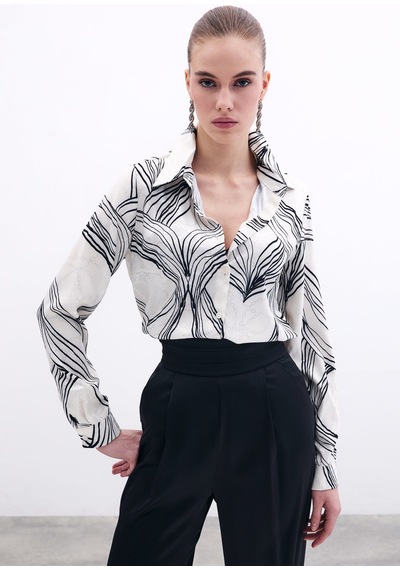 Sateen Desenli Saten Gömlek - Siyah-135861 Siyah