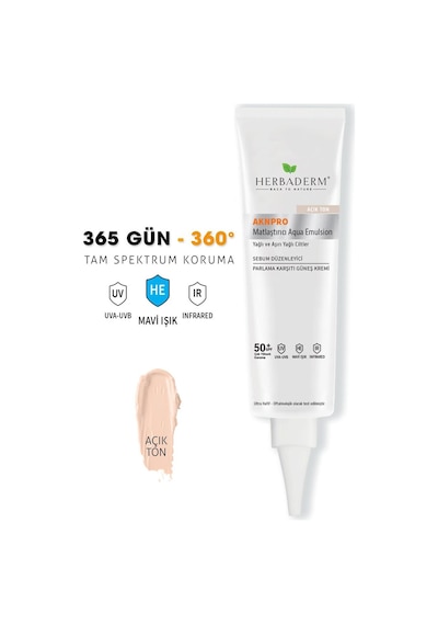 Herbaderm Aknpro Yağlı ve Akneye Meyilli Ciltler İçin Nemlendirici Güneş Kremi SPF50+ Açık Ton 40 ML