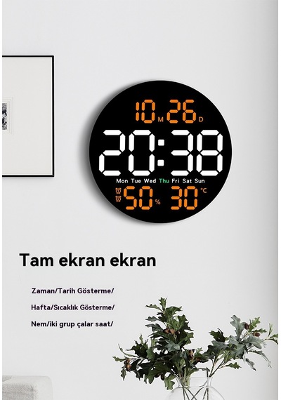 Dijital Duvar Saati Termometre Sessiz Renkli Siyah - Yeşil
