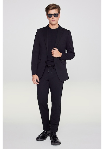 AC&Co / Altınyıldız Classics Erkek Sıyah Slim Fit Dar Kesim Mono Yaka Beli Bağlamalı Kapak Cepli Esnek Takım Elbise Siyah