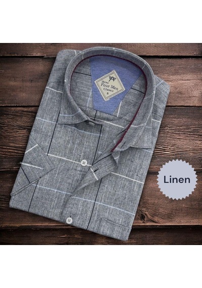Linen Keten Klasik Kısa Kollu Gri Gömlek Regular Kalıp -10017 Gri