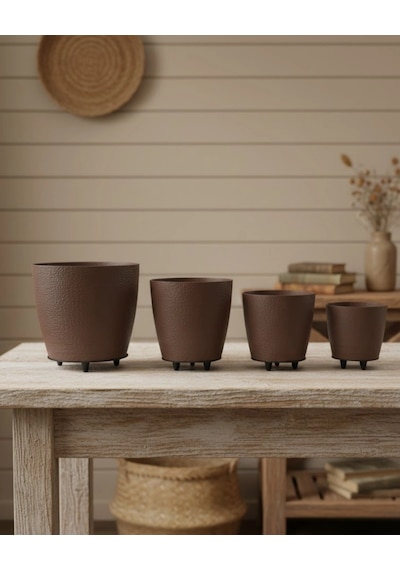 4 Lü 3d Şık Kahverengi Vazo Seti Modern Ayaklı Saksı