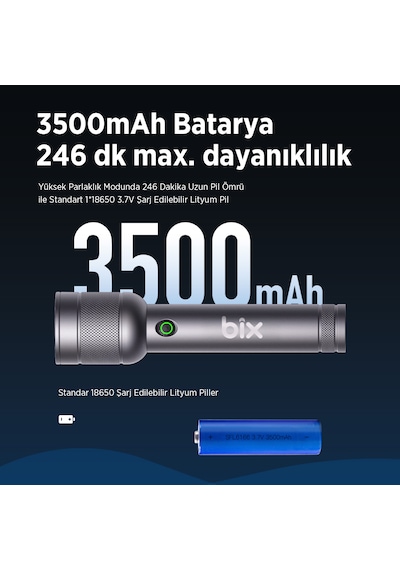 Bix Bx6166fl 3w Led 1500 Lümen, Şarjlı Uzun Menzilli El Feneri Gri Bix Bx6166fl 3w Led 1500 Lümen, Şarjlı Uzun Menzilli El Feneri Gri