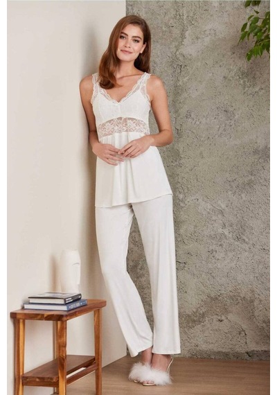 Pierre Cardin Dantelli Sabahlıklı Penye Pijama Takımı Ekru 001