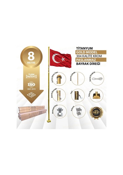 8 Metre İnox 304 Kalite Paslanmaz Krom Çelik Titanyum Gold Bayrak Direği Standart