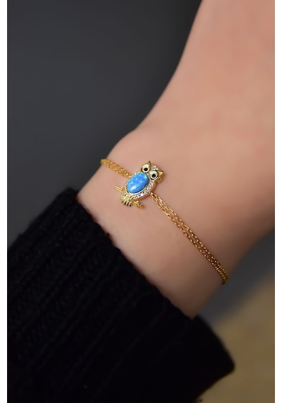 Papatya Silver 925 Ayar Gümüş Gold Kaplama Mavi Opal Baykuş Bileklik