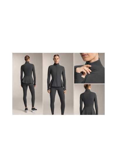Gugus Kadın Light Warm Running Volanlı Fermuarlı Yüksek Yaka Spor Ceket Esnek Activewear Füme