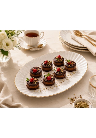 Oval Porselen Tabak Seti, Altın Kenarlı, Krem Rengi, 2'li Salata Meze Tabağı Sofra Şık Sunum Servis Kahvaltılık Atıştırmalık Çerez Seramik İnce Altın Detaylı 32x13 Çok Renkli