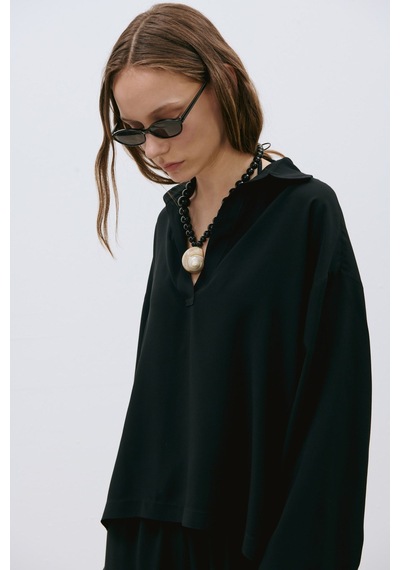 Suud Collection Siyah Alessa Polo Yaka Tensel Bluz