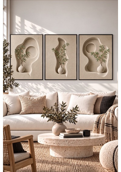 Ahşap Çerçeveli 3'lü Mdf Tablo Seti Uv Baskı Bej Organik Form Japandi Salon Duvar Dekoru Renk: Siyah Ölçü: 25 X 35