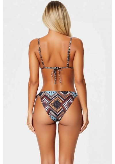 Benerly Kadın Bikini Takımı Üçgen Kaplı Etnik Desenli Düşük Bel Bağlamalı Çok Renkli