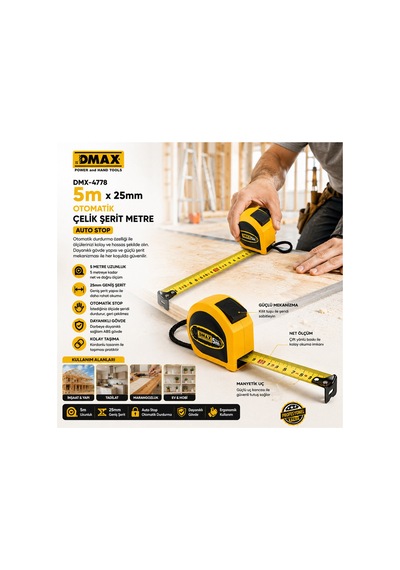 12 Adet 5mt X 25mm Otomatik Çelik Şerit Metre Stoplu 1 M