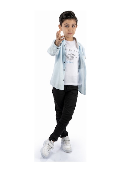 Mnk Baby & Kids Çift Cepli Gömlek , Pantolon , T-shirt 3parça Pamuklu Erkek Çocu Mavi