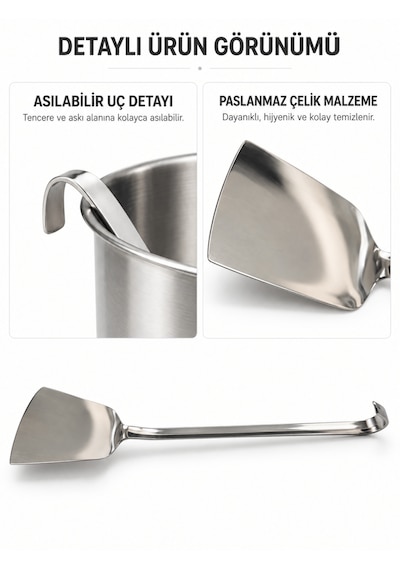 Beylini Endüstriyel Düz Servis Spatulası Delikli Paslanmaz Çelik Uzun Saplı Asılabilir Izgara Tava Lokanta Profesyonel Mutfak Gri