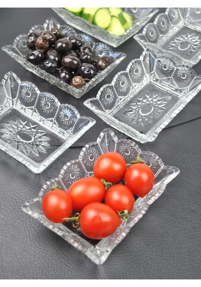 6'lı Cam Kase Çerezlik Kahvaltılık Dikdörtgen Sunumluk-13x10x4cm