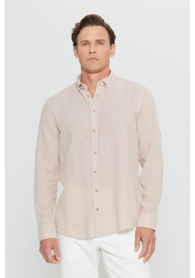 AC&Co / Altınyıldız Classics Erkek Bej %100 Pamuk Flamlı Slim Fit Dar Kesim Düğmeli Yaka Armürlü Gömlek Bej AC&Co / Altınyıldız Classics Erkek Bej %100 Pamuk Flamlı Slim Fit Dar Kesim Düğmeli Yaka Armürlü Gömlek Bej