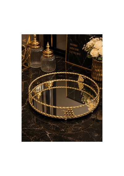 Sleep Nova Gold Üzüm Motifli Aynalı Oval Dekoratif Tepsi Lüks Sunum Tepsisi
