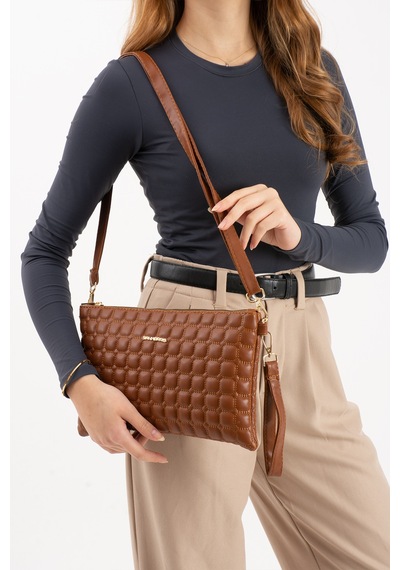 Sanmorris Kadın Suni Deri Taba Renkli Ayarlanabilir Çapraz Ve El Askılı Portföy, Clutch Çanta Taba