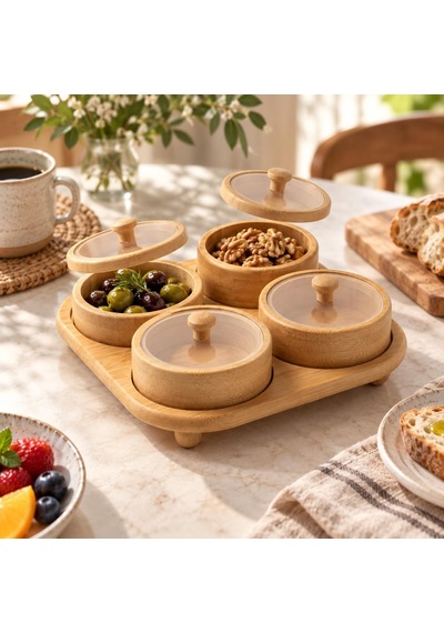 Tr 4'lü Kapaklı Bambu Kahvaltılık Ve Çerezlik Seti, 22 X 22 Cm, Bambu Sunum Tepsili Servis Seti Genel