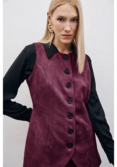 Sateen Düğmeli Uzun Süet Yelek - Mürdüm-135508 Mürdüm