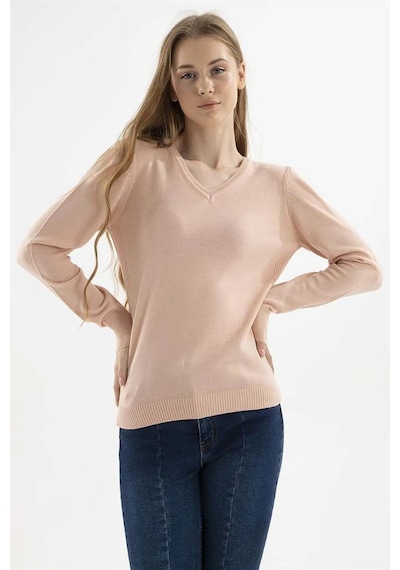 Fashion Friends Kadın V Yaka Kazak 23k0244k1 Pudra