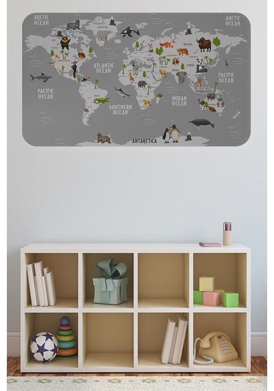 Eğitici Dünya Haritası Dünya Atlası Çocuk Ve Bebek Odası Duvar Sticker-60x105-3794 - Renkli Çok Renkli