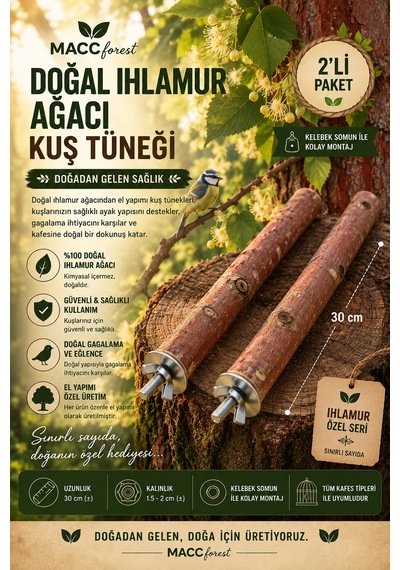 Mutlu Kuşlar Serisi / Doğal Ihlamur Ağacı Kuş Tüneği / 2 Adet - 30/35cm