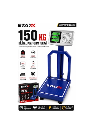 Staxx St150te1 Yüksek Hassasiyet 150 Kg Dijital Platform Terazi 10 Gr Hassasiyet Şarjlı Lcd Baskül