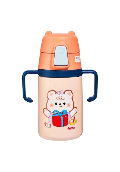 Rovco 400ml Silikon Pipetli Sevimli Ayıcıklı Boyun Askılı Bebek Kulplu Paslanmaz Çelik Termos Turuncu Genel